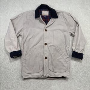 VTG Chore Jacket Field Barn Coat Mens M Flannel Lined Corduroy Collar Cream Navy